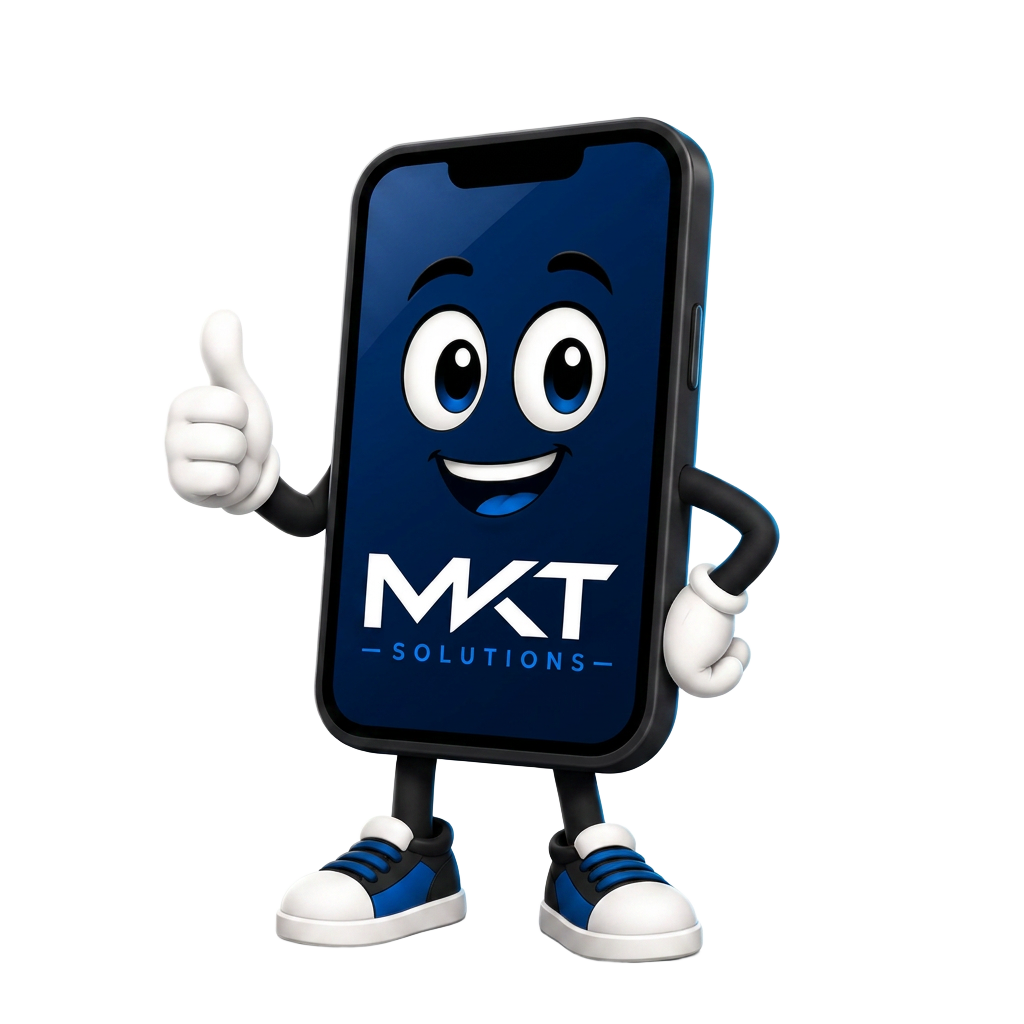 Mascota MKT Solutions: móvil animado con el pulgar hacia arriba